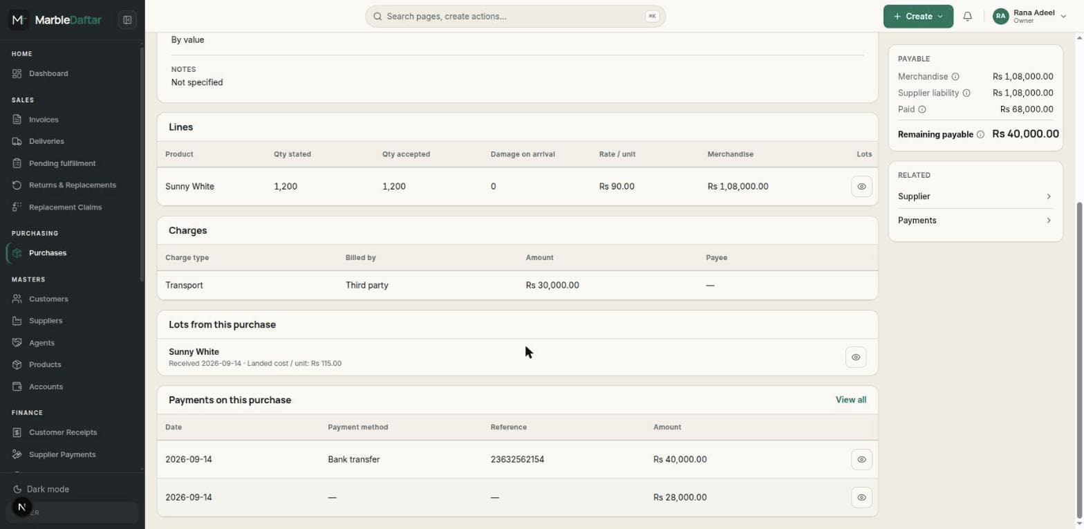 MarbleDaftar purchase record showing supplier, lines, and payable balance